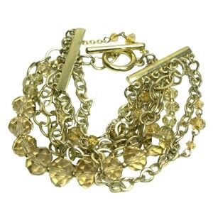 Multi Chain Link Bracelet 5 Rows Beaded Gold Tone Toggle Clasp